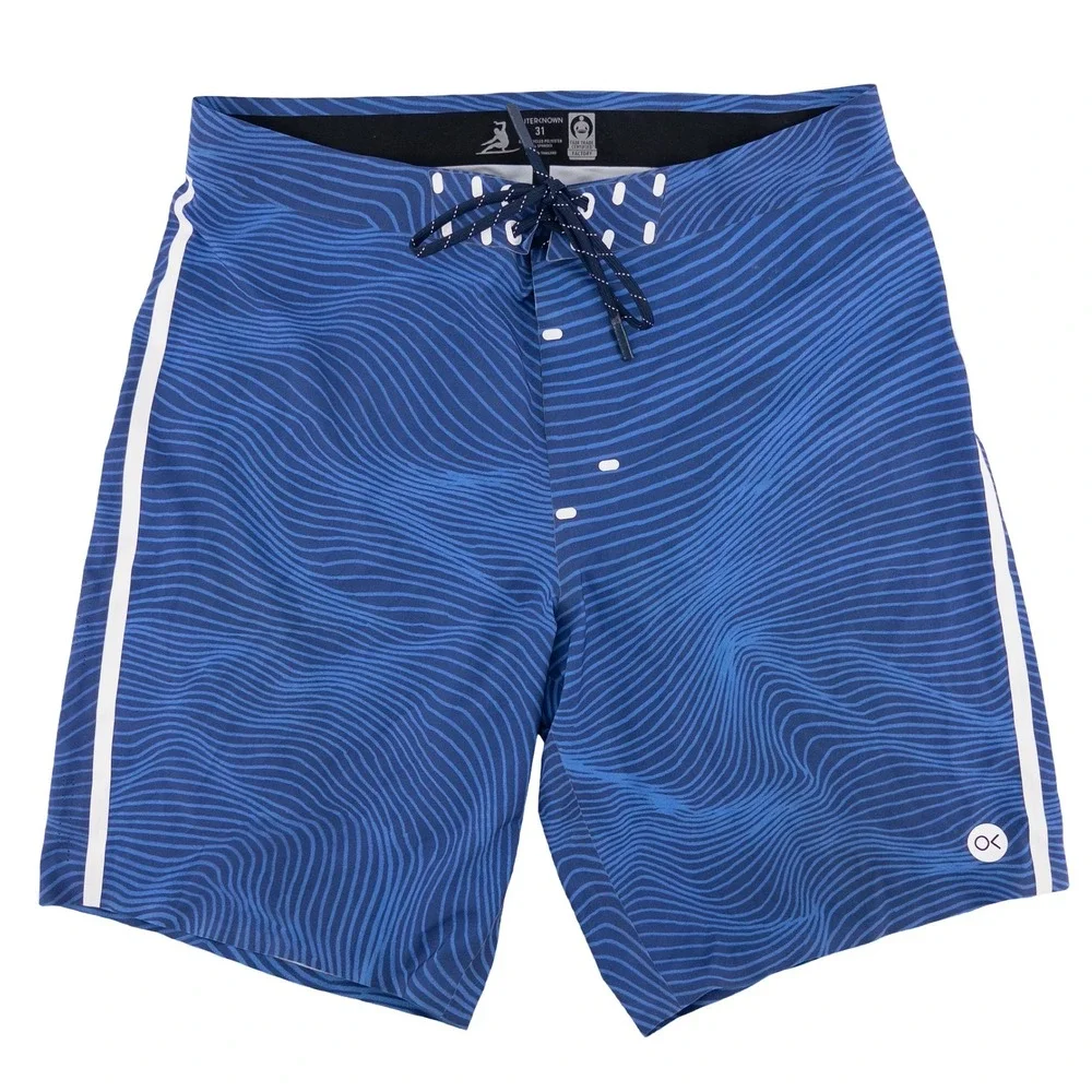 Outerknown Mens 31 Apex Board Shorts Blue Wave Print Surf Trunks Kelly Slater
